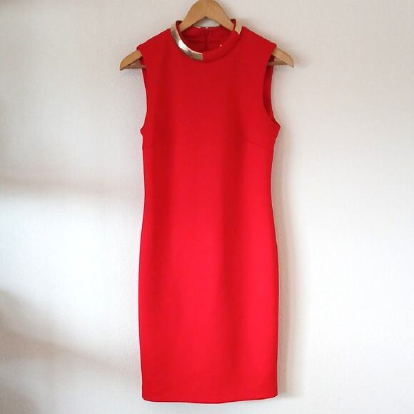 Calvin Klein Red Scuba Midi Dress With Gold Neck Detail - Picture 1 of 6